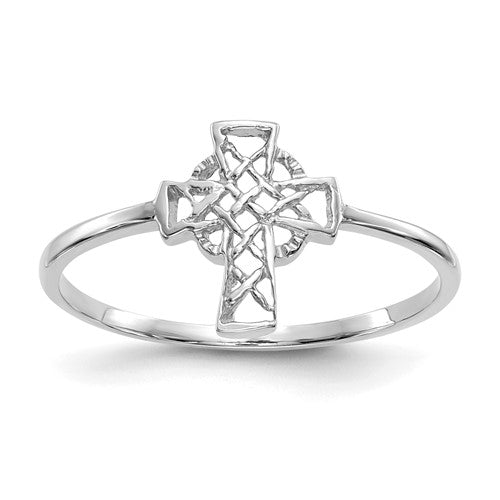 Polished 14k white gold Celtic cross ring featuring intricate engraved details, crafted by Solomon Jewelers.