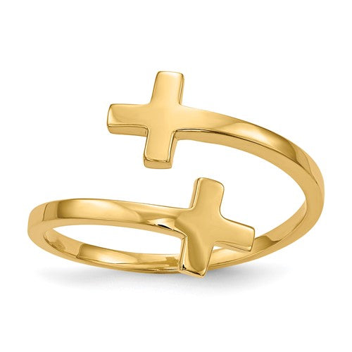 14k polished double cross ring from Solomon Jewelers, elegant gold jewelry ring with detailed double cross design.
