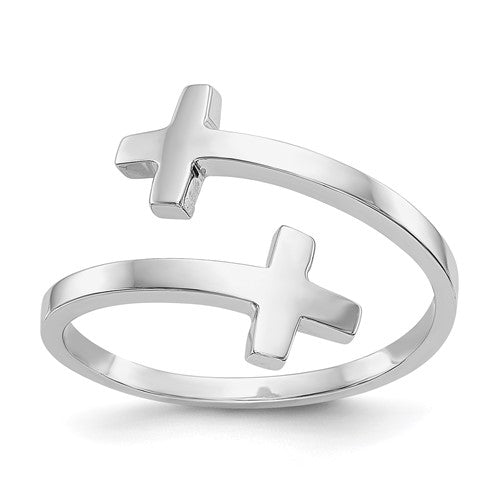 Polished 14k white gold double cross ring, elegant jewelry ring with detailed cross design, by Solomon Jewelers.