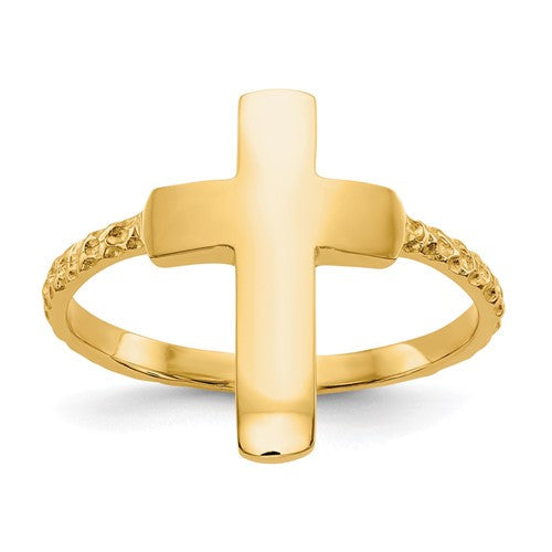 14k gold polished textured cross ring from Solomon Jewelers, showcasing detailed craftsmanship and elegant jewelry design.