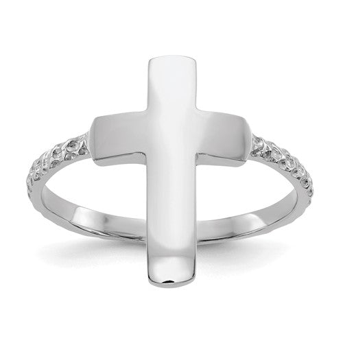 14k white gold textured cross ring with polished finish, jewelry ring featuring a detailed cross design, by Solomon Jewelers
