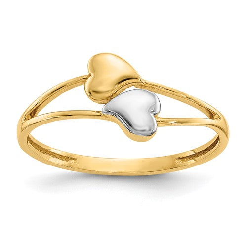 14k gold with rhodium double heart ring, elegant jewelry ring featuring two intertwined hearts, crafted by Solomon Jewelers.