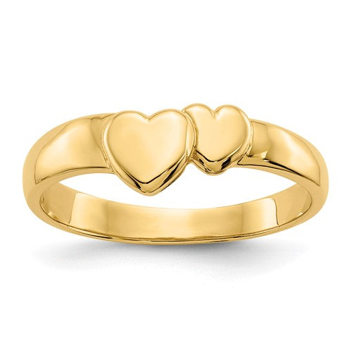 14k gold polished adjoining hearts ring showcasing a romantic design, perfect for elegant jewelry collection.