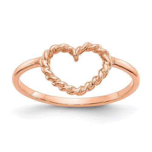 14k rose gold heart-shaped ring with polished and textured finish, elegant jewelry piece from Solomon Jewelers.