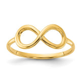 14k polished infinity ring from Solomon Jewelers, showcasing a smooth, elegant gold band with infinity symbol design.