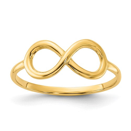 14k polished infinity ring from Solomon Jewelers, showcasing a smooth, elegant gold band with infinity symbol design.