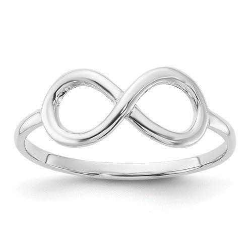 Polished 14K white gold infinity ring from Solomon Jewelers, showcasing a sleek and elegant design for jewelry enthusiasts.