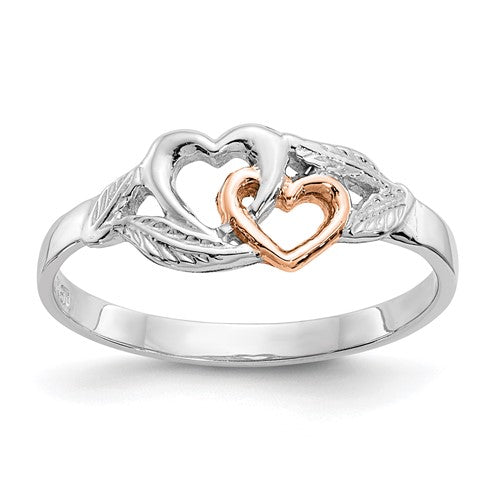14K white and rose gold-plated hearts and leaves ring with polished finish, featuring intricate floral jewelry design.