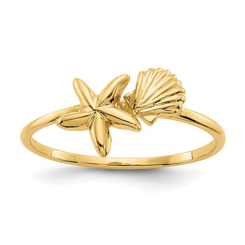 14k polished shell and starfish ring featuring ocean-inspired design, crafted by Solomon Jewelers.