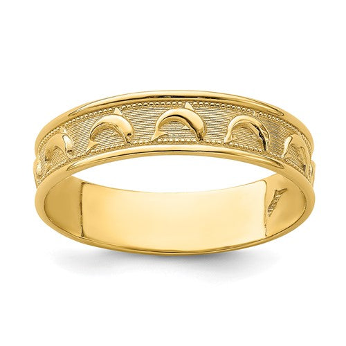 14K gold dolphin engraved thumb ring with polished and textured finish, featuring detailed ocean-inspired design.