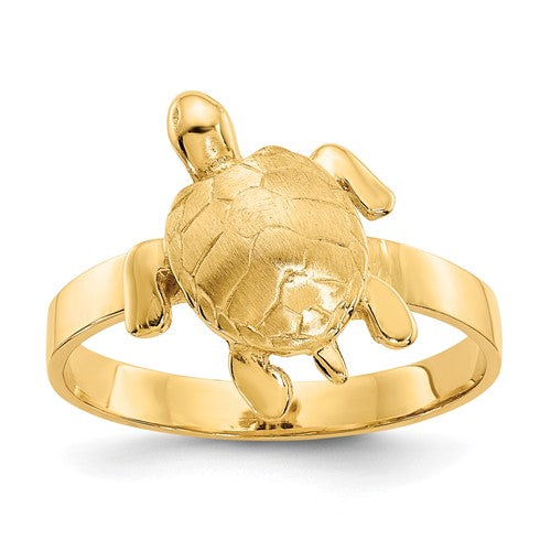 14K gold sea turtle ring with polished and textured finish, featuring detailed turtle design, crafted by Solomon Jewelers.