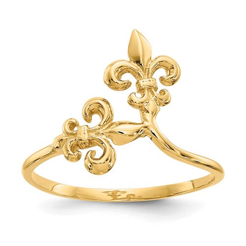 14k polished Fleur De Lis ring featuring intricate design, crafted by Solomon Jewelers, showcasing fine jewelry craftsmanship.