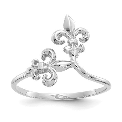 Polished 14k white gold Fleur De Lis ring with intricate design, jewelry ring from Solomon Jewelers.