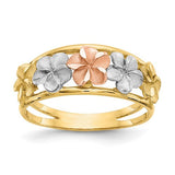 14k two-tone and rhodium satin and polished flower ring from Solomon Jewelers, showcasing intricate floral design and mixed finishes.