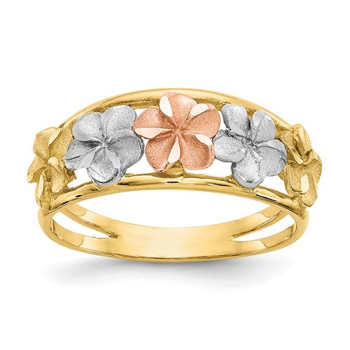 14k two-tone and rhodium satin and polished flower ring from Solomon Jewelers, showcasing intricate floral design and mixed finishes.
