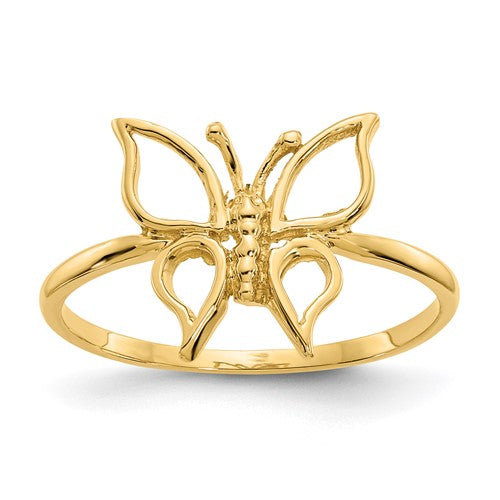14k polished butterfly ring from Solomon Jewelers, gold jewelry ring with detailed butterfly design, elegant and shiny.
