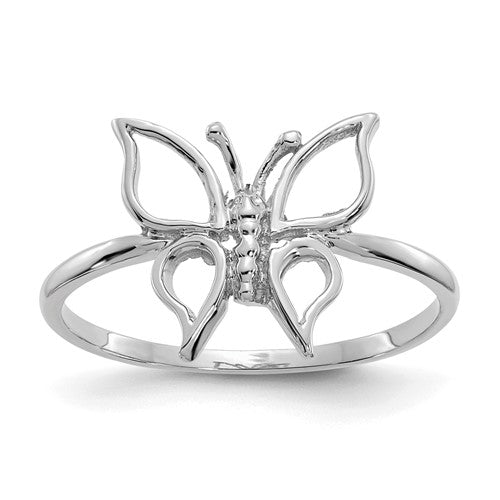 14k white gold butterfly ring with polished finish, featuring a delicate butterfly design, from Solomon Jewelers.