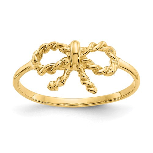 14k polished gold bow ring from Solomon Jewelers, showcasing a smooth, shiny finish and elegant design.
