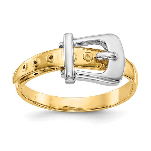 14k two-tone polished buckle ring from Solomon Jewelers, featuring a sleek design and shiny finish.