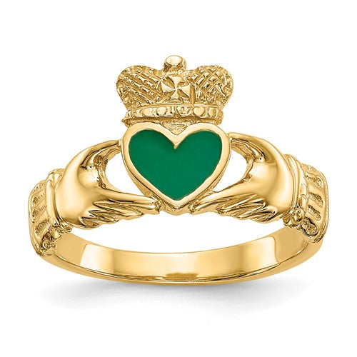 14k gold enamel Claddagh ring, featuring heart and crown design, jewelry ring from Solomon Jewelers.
