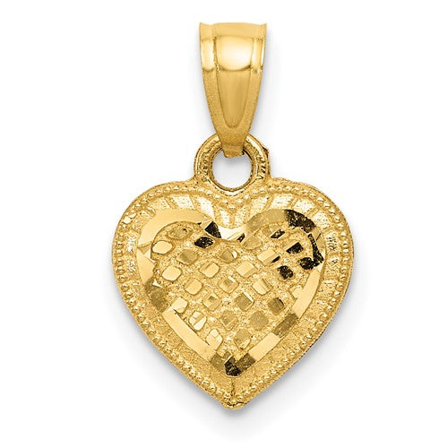 14k gold diamond-cut lattice heart pendant with intricate design, perfect for jewelry and charm collections.
