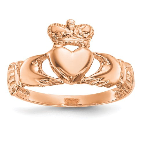 14k rose gold polished Claddagh ring, elegant jewelry ring with traditional heart and crown design, from Solomon Jewelers.
