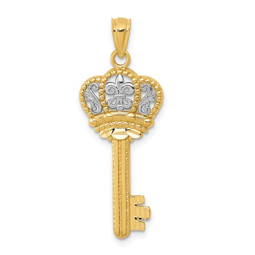 14k-w-white-rhodium-polished-fleur-de-lis-crown-key-charm-SolomonJeweler-Wichita-KS-CustomJewelry