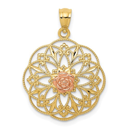 14k-yellow-and-rose-polished-rose-in-round-filigree-charm-SolomonJeweler-Wichita-KS-CustomJewelry