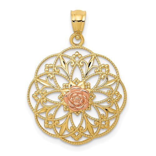 14k-yellow-and-rose-polished-rose-in-round-filigree-charm-SolomonJeweler-Wichita-KS-CustomJewelry