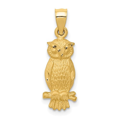 14k-satin-diamond-cut-owl-pendant-SolomonJeweler-Wichita-KS-CustomJewelry