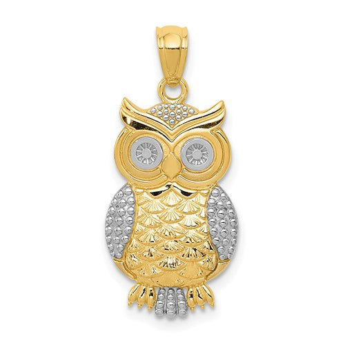 14k-w-rhodium-polished-textured-owl-pendant-SolomonJeweler-Wichita-KS-CustomJewelry