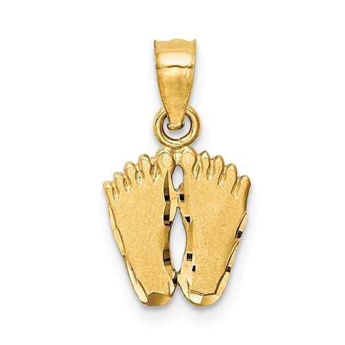 14k gold satin diamond-cut footprints pendant with engraved details, crafted by Solomon Jewelers, designed as a meaningful jewelry charm.