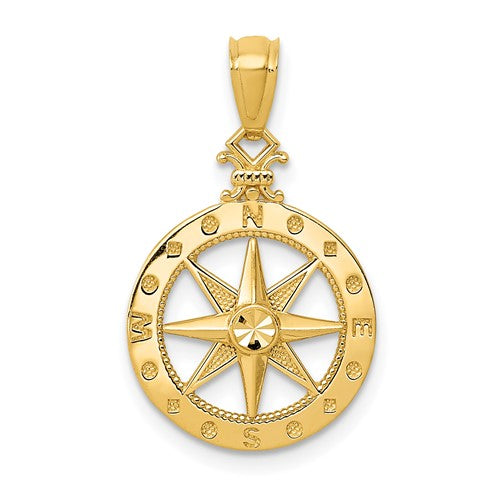 14k gold diamond-cut polished compass pendant with intricate detailing, ideal for necklaces and jewelry accessories.