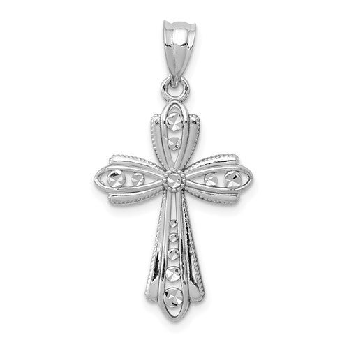 14k white gold polished cross pendant with fancy design, perfect for necklaces, from Solomon Jewelers.