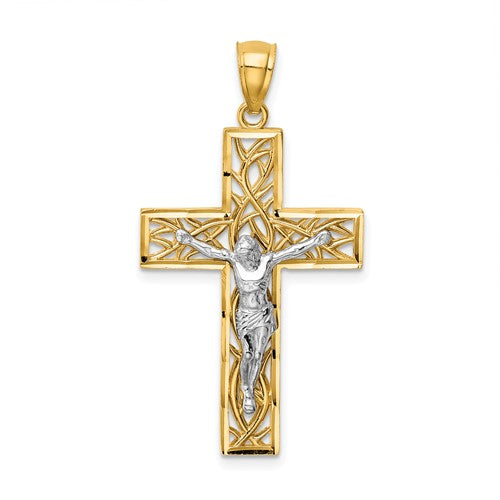 14k-two-tone-satin-polished-d-c-crucifix-w-vines-pendant-SolomonJeweler-Wichita-KS-CustomJewelry