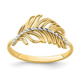 14K white gold feather ring with white rhodium plating, elegant jewelry piece showcasing intricate feather design.