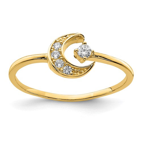 14K gold CZ moon ring from Solomon Jewelers featuring a sparkling crescent moon design in a close-up shot
