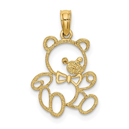 14K gold teddy bear charm pendant from Solomon Jewelers, featuring a cut-out design, perfect for necklaces or charm bracelets.