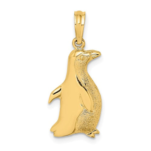 14K gold penguin charm with polished and textured finish, ideal for necklaces or bracelets, from Solomon Jewelers.