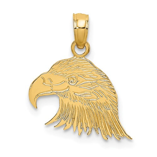 14K gold engraved eagle head charm pendant showing detailed eagle design, crafted by Solomon Jewelers.