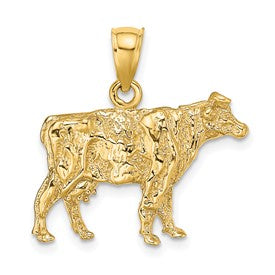 14K gold 3D cow charm jewelry piece with detailed design, perfect for necklaces or bracelets, by Solomon Jewelers.
