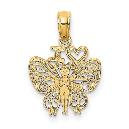 14K gold I Heart butterfly charm pendant, Solomon Jewelers, featuring a delicate butterfly design on a gold chain.