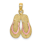 14k gold double flip-flop charm with pink enamel accents, designed for pendants and charms by Solomon Jewelers.