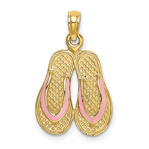 14k gold double flip-flop charm with pink enamel accents, designed for pendants and charms by Solomon Jewelers.