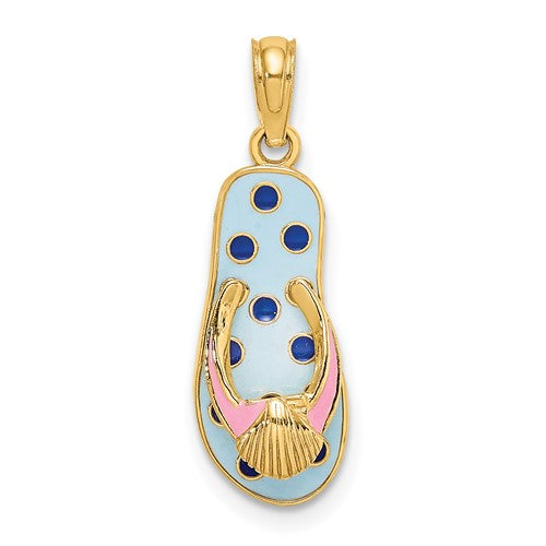 14k-3d-enamel-shell-on-blue-polka-dot-flip-flop-charm-SolomonJeweler-Wichita-KS-CustomJewelry