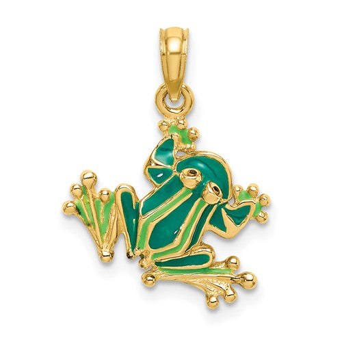 14K green enameled small frog charm pendant from Solomon Jewelers, gold pendant with vibrant frog design.