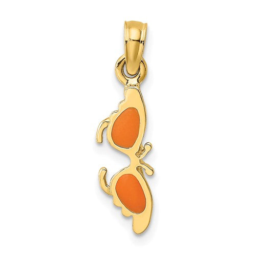 14K gold enameled butterfly charm from Solomon Jewelers, featuring vibrant orange enamel on a delicate pendant.