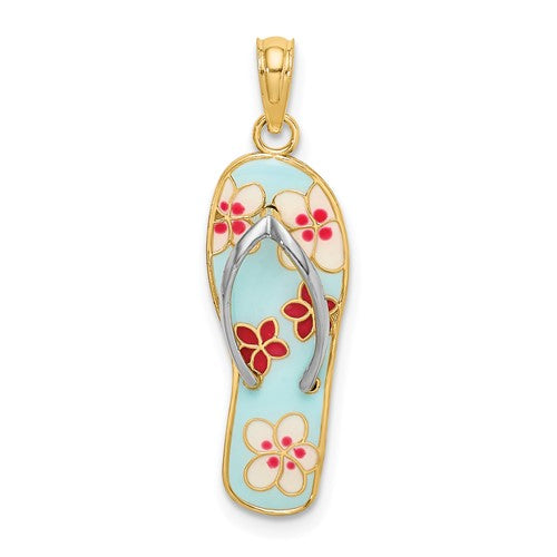 14k-w-rhodium-3d-enamel-fuschia-and-white-flowers-on-aqua-flip-flop-charm-SolomonJeweler-Wichita-KS-CustomJewelry