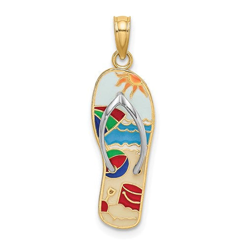 14k-w-rhodium-multi-colored-3d-enamel-beach-scene-on-flip-flop-charm-SolomonJeweler-Wichita-KS-CustomJewelry