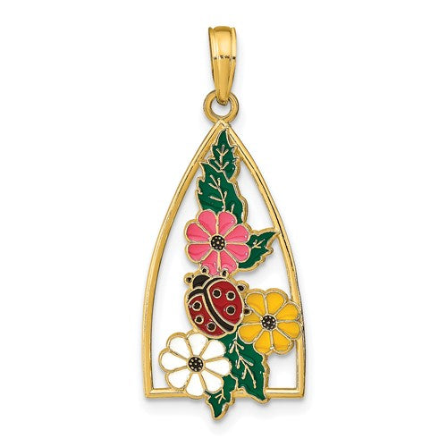 14k-enameled-ladybug-and-flowers-triangle-pendant-SolomonJeweler-Wichita-KS-CustomJewelry